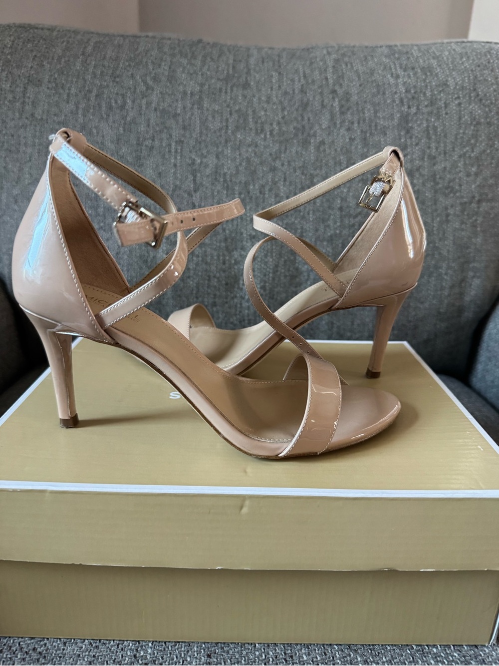 Macy's Nude Patent Crisscross Ankle Strap Heels
